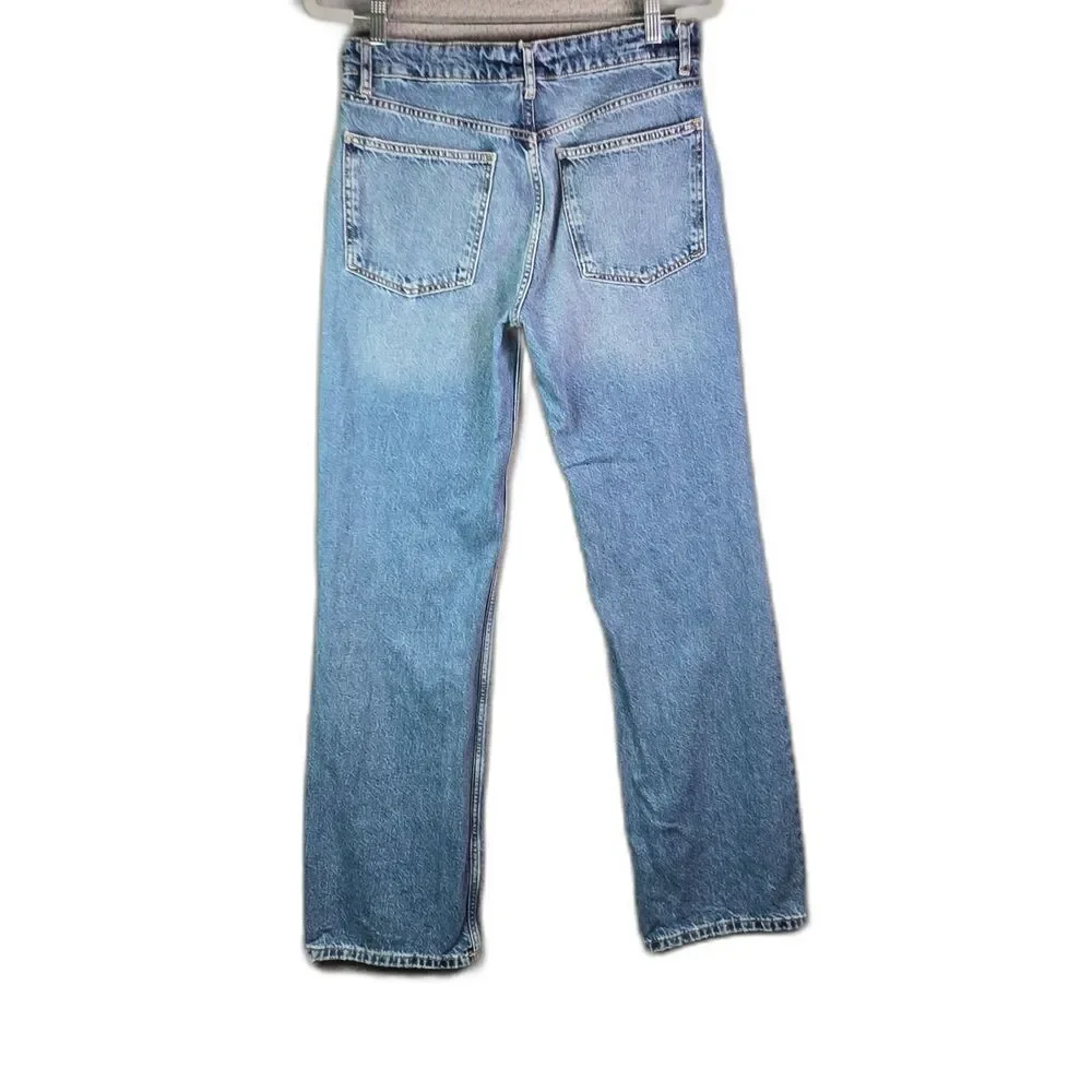 Zara Jeans Medium Blue 8 Straight Leg High Rise 100 Cotton Long Inseam